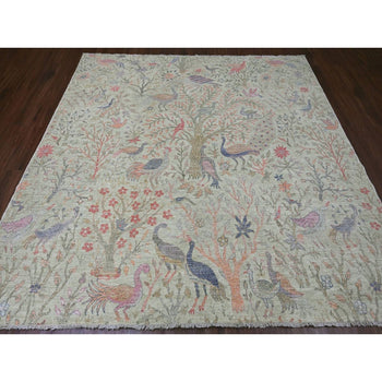 8'X8' Swamp Green Hand Knotted Peshawar Birds Design Soft Wool Square Rug