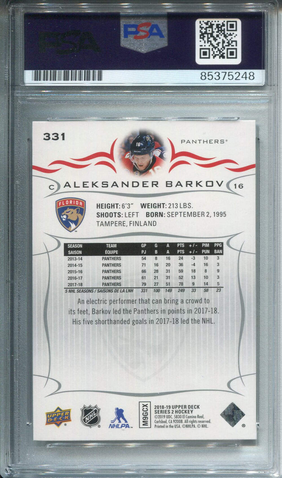 Aleksander Barkov Autographed Upper Deck Card Psa Auto Grade 10