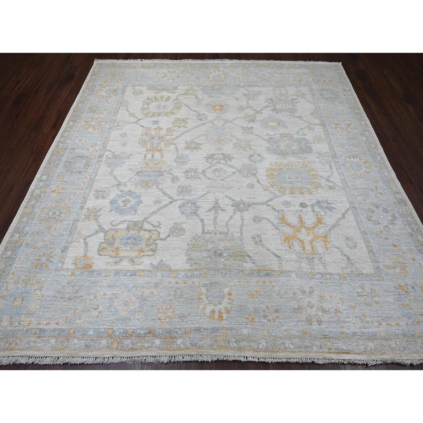 8'X8' Pearl White Hand Knotted Afghan Angora Oushak Pure Wool Square Rug