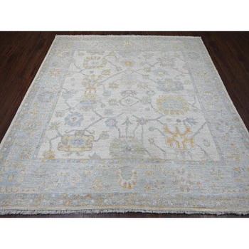 8'X8' Pearl White Hand Knotted Afghan Angora Oushak Pure Wool Square Rug
