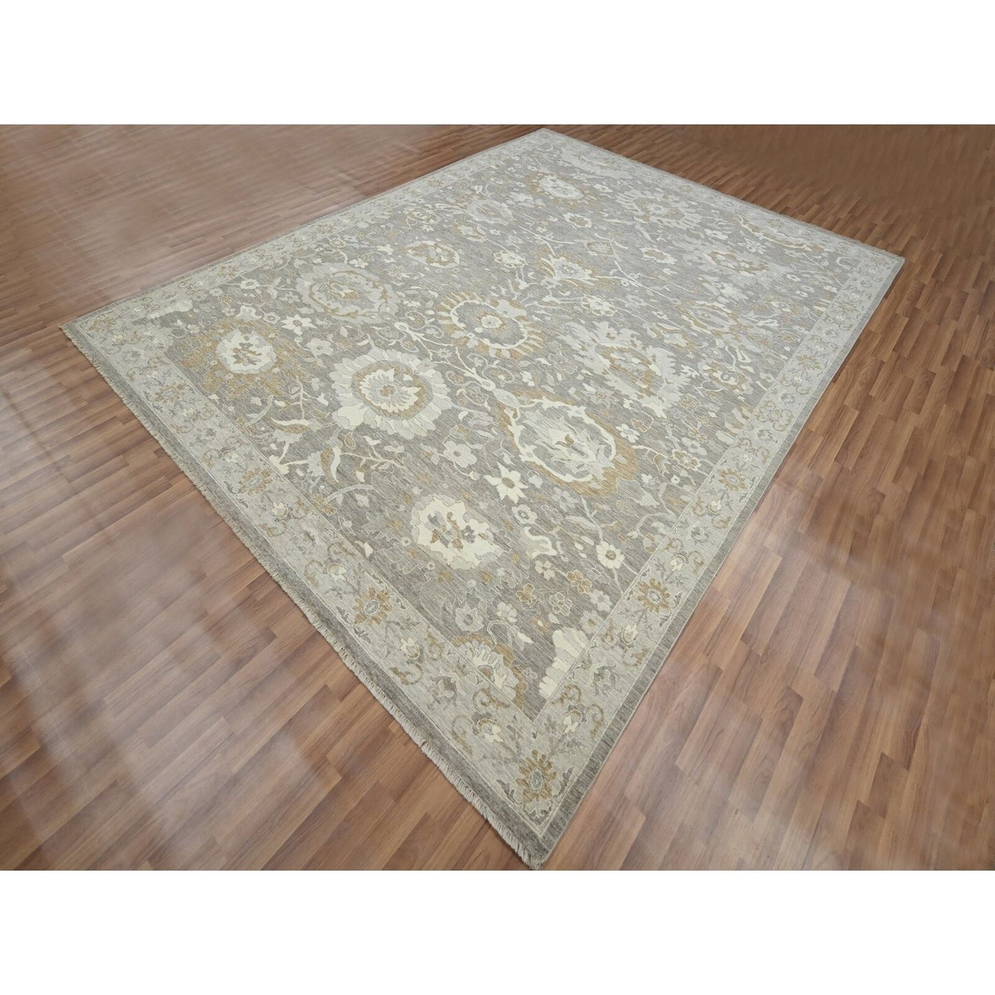 9'X11'10" Gray Hand Knotted Ziegler Mahal Flower Design Wool Oriental Rug