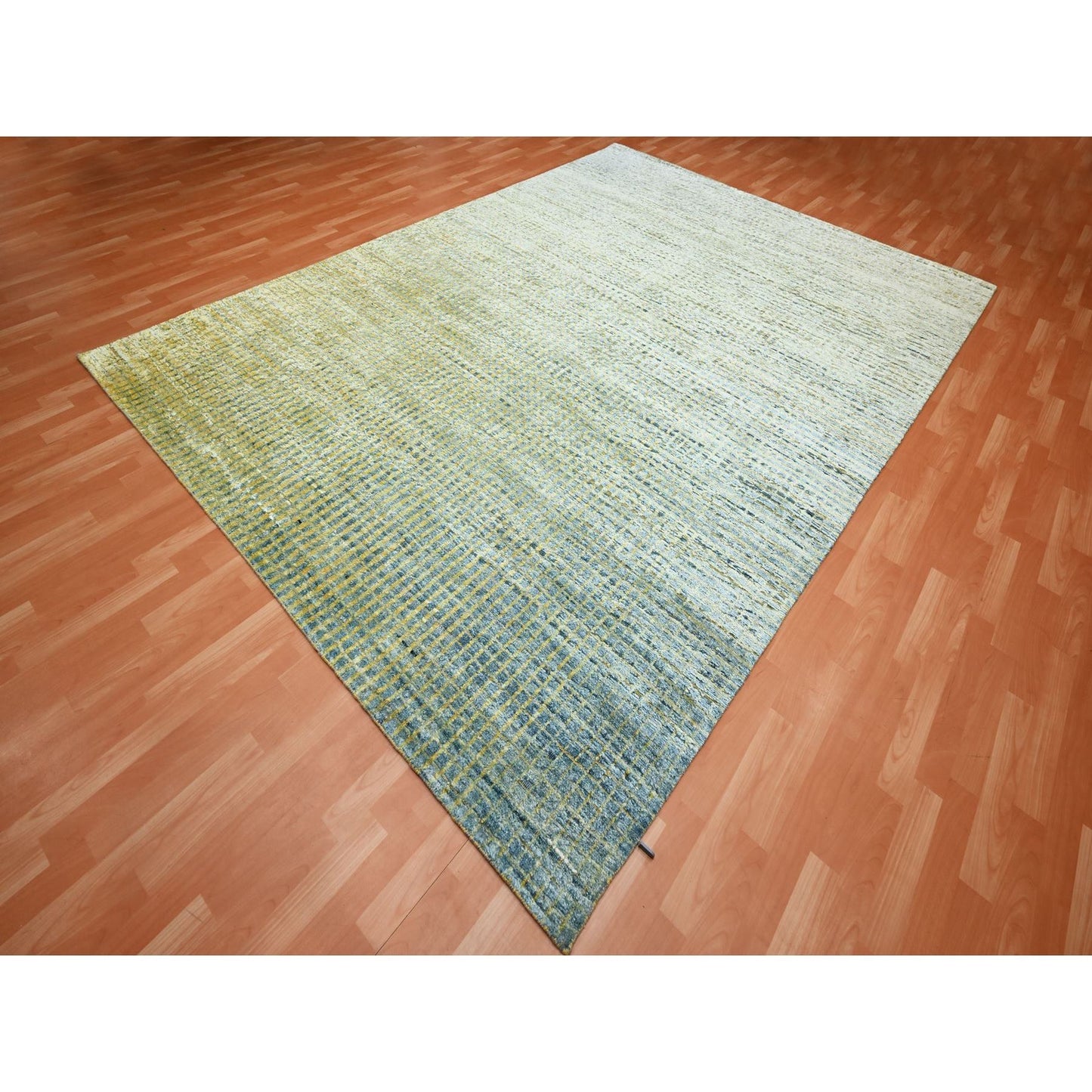 9'X12'2" Yellow Mid Century Inspired Wool & Pure Silk Hand Knotted Rug