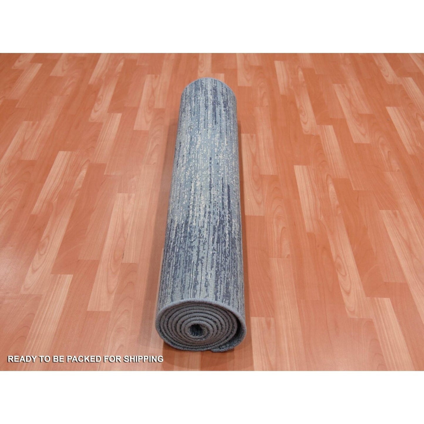 4'1"X12'2"Blue Ivory Hand Knotted Wool Horizontal Ombre Design Runner Rug