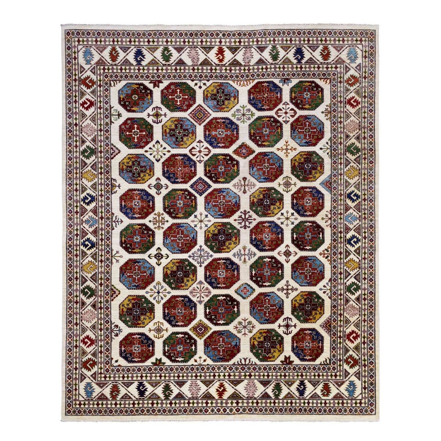 8'2"X10' Organic Wool Hand Knotted Ivory Afghan Super Kazak Oriental Rug