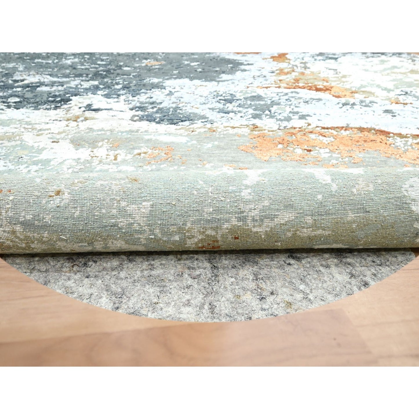 9'9"X9'9" Shades Of Gray Abstract Design Pure Wool Hand Knotted Round Rug