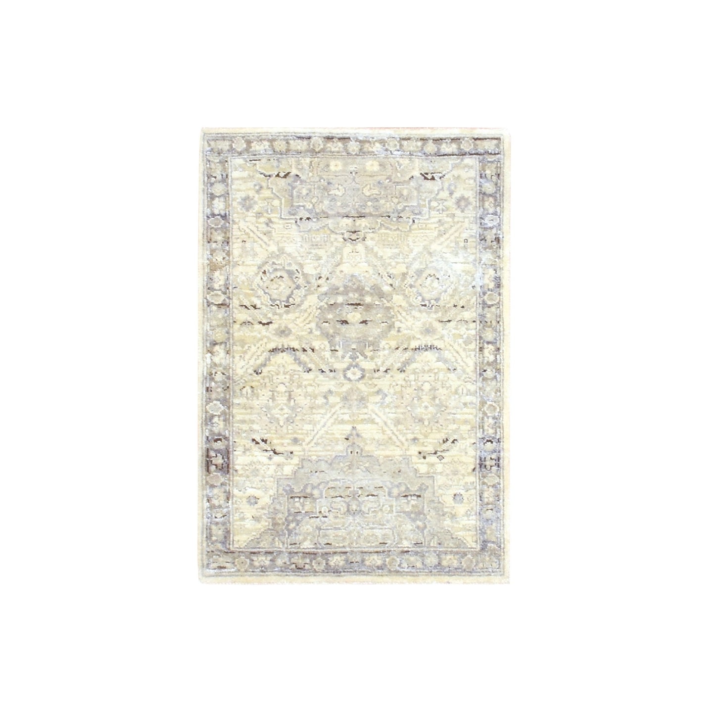2'1"X3' Eggshell White, Hand Knotted, Pure Silk And Wool Oushak Mat Rug