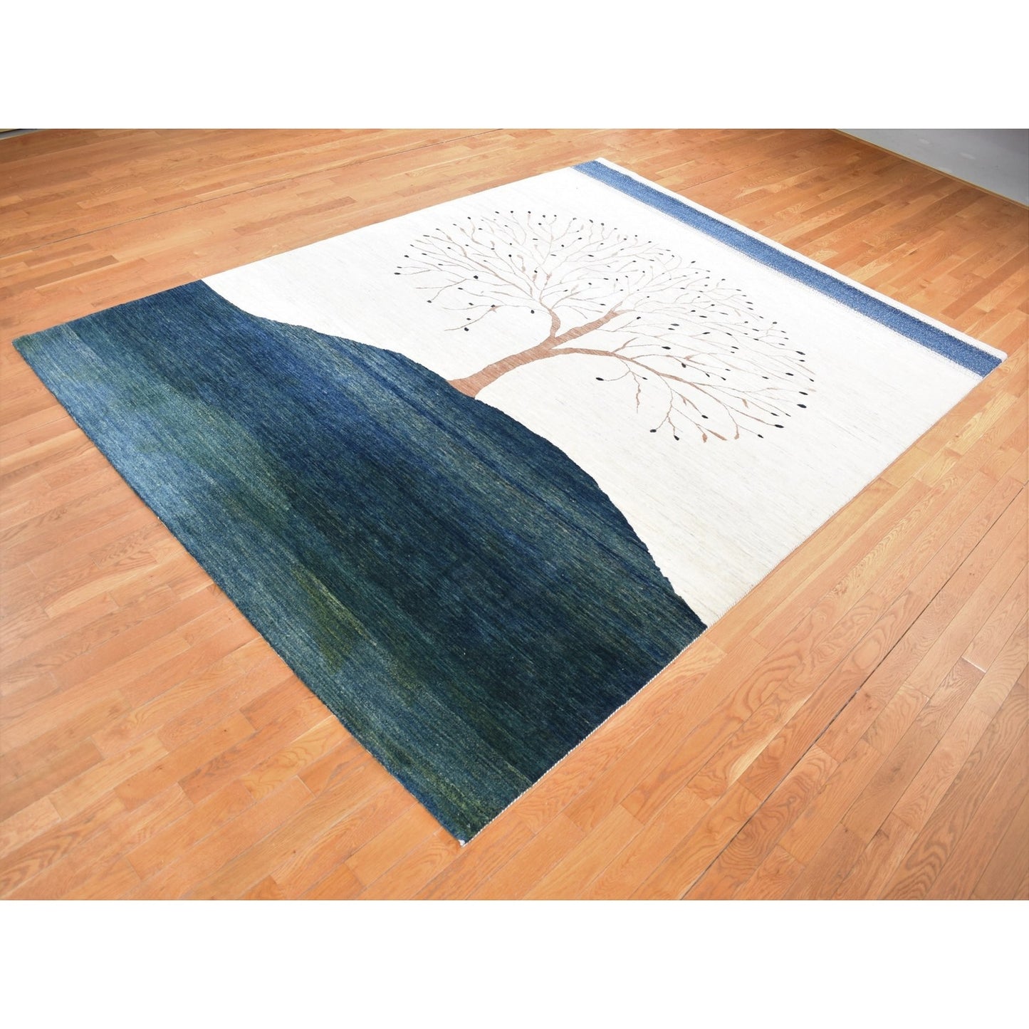 9'8"X13'8" Ivory Hand Knotted Modern Folk Art Tree Design Gabbeh Wool Rug