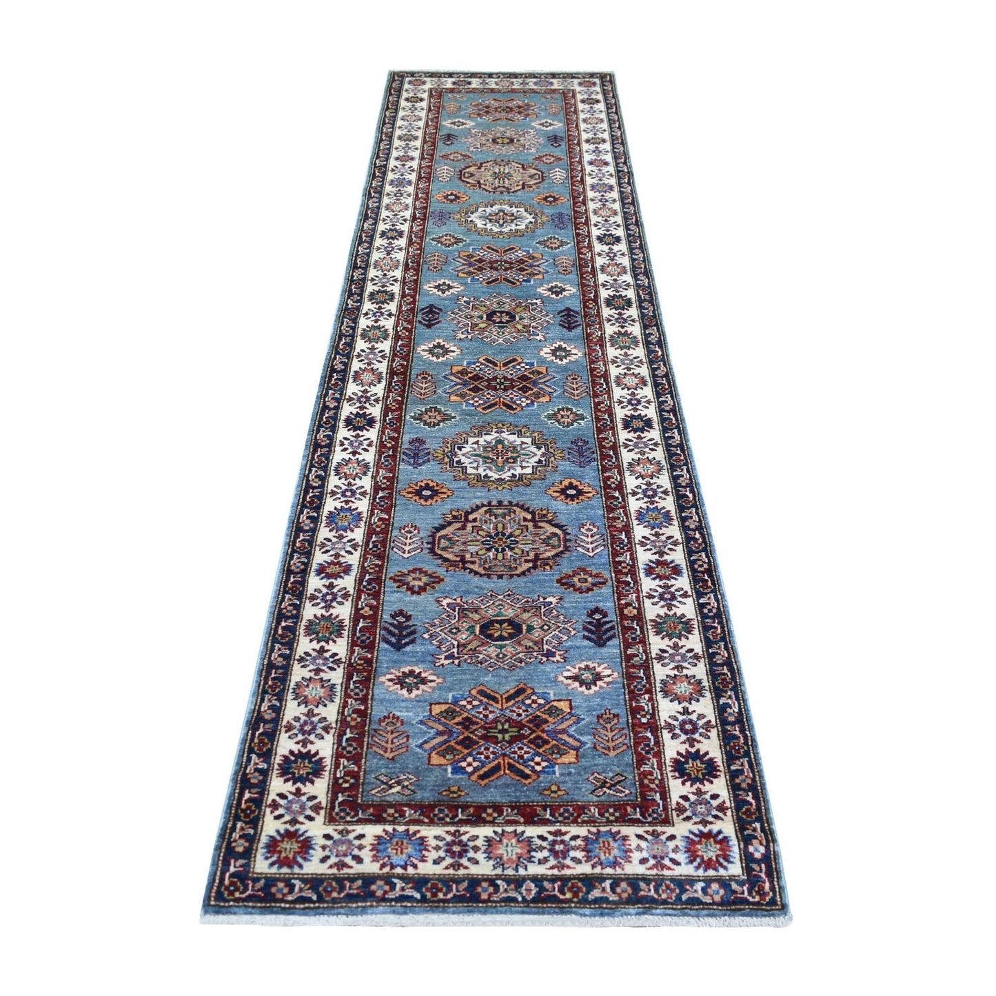 2'7"X9'10" Blue Afghan Super Kazak Hand Knotted Pure Wool Oriental Rug