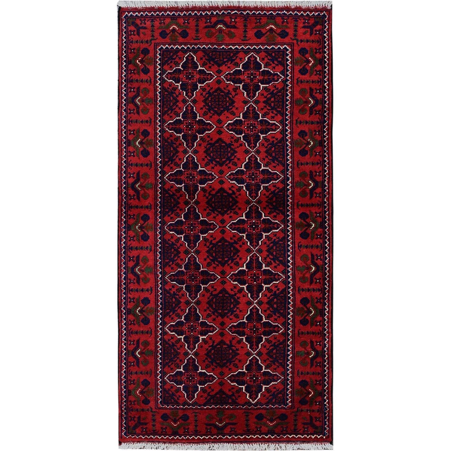 2'3"X4'8" Red Hand Knotted Geometric Afghan Khamyab Pure Wool Runner Rug