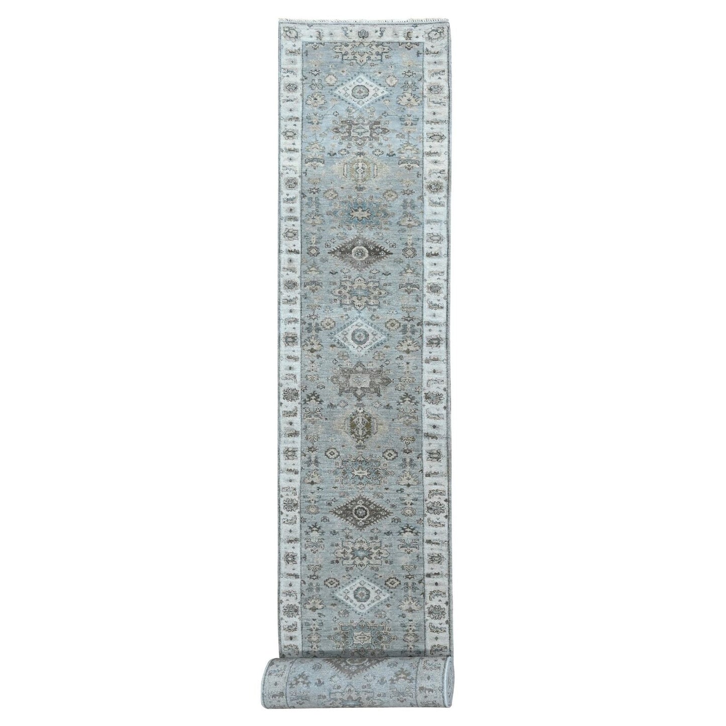 2'9"X21'10" Misty Gray Pure Wool Hand Knotted Karjihooz Design Runner Rug