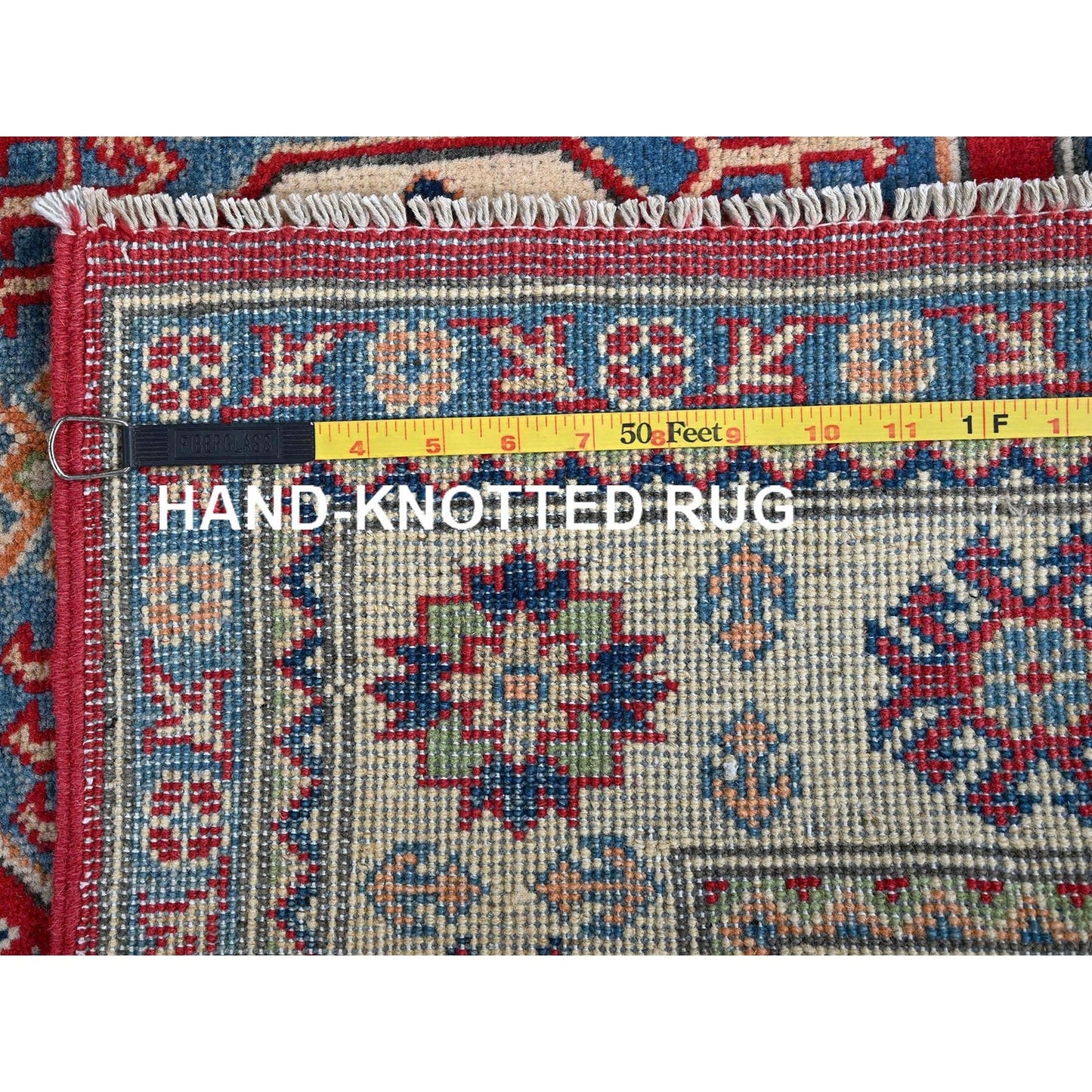 4'X5'8" Arsenal Red Kazak With Geometric Design Hand Knotted Soft Wool Rug