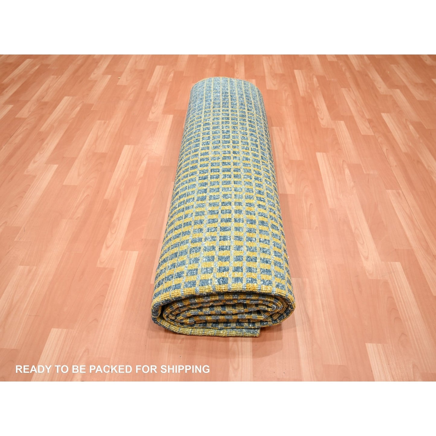 9'X12'2" Yellow Mid Century Inspired Wool & Pure Silk Hand Knotted Rug