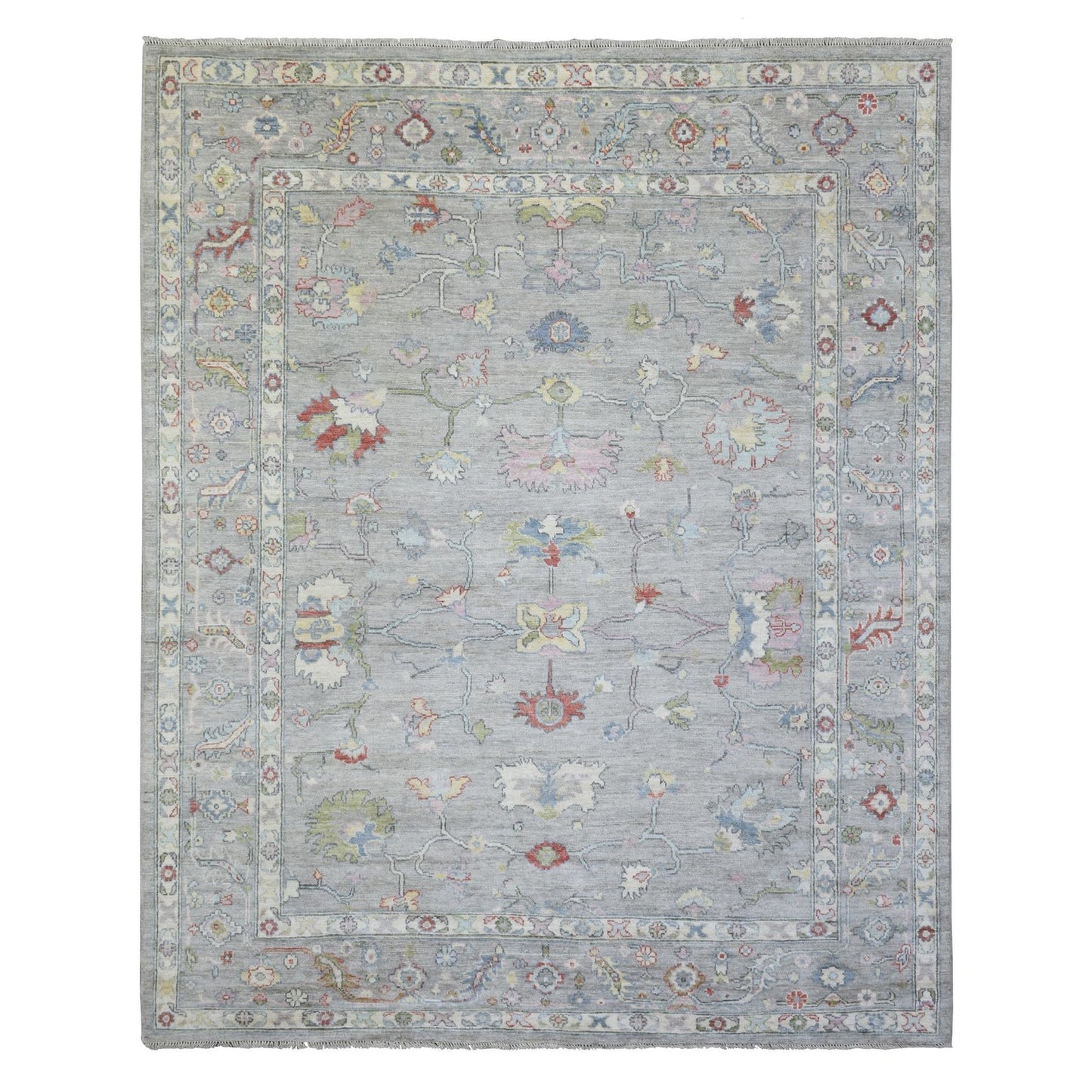 8'1"X10'1" Light Gray Hand Knotted Afghan Angora Oushak Soft Wool Rug