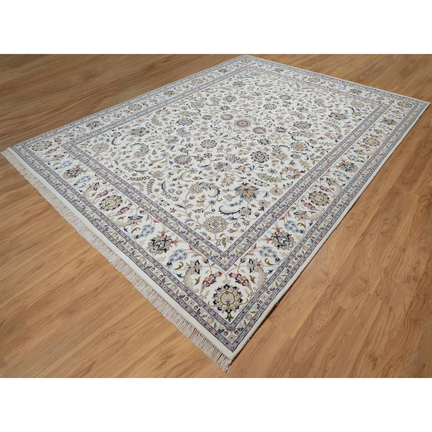 9'X12'1" White Hand Knotted Nain Flower Design Wool And Silk 250 Kpsi Rug
