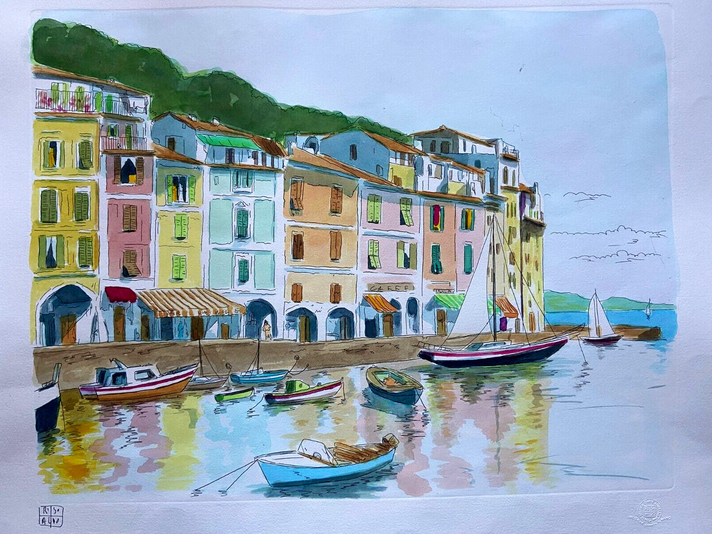 Aldo Riso ''Portofino'' Hand-Painted Engraving 60X80 - Authenticated And Signed
