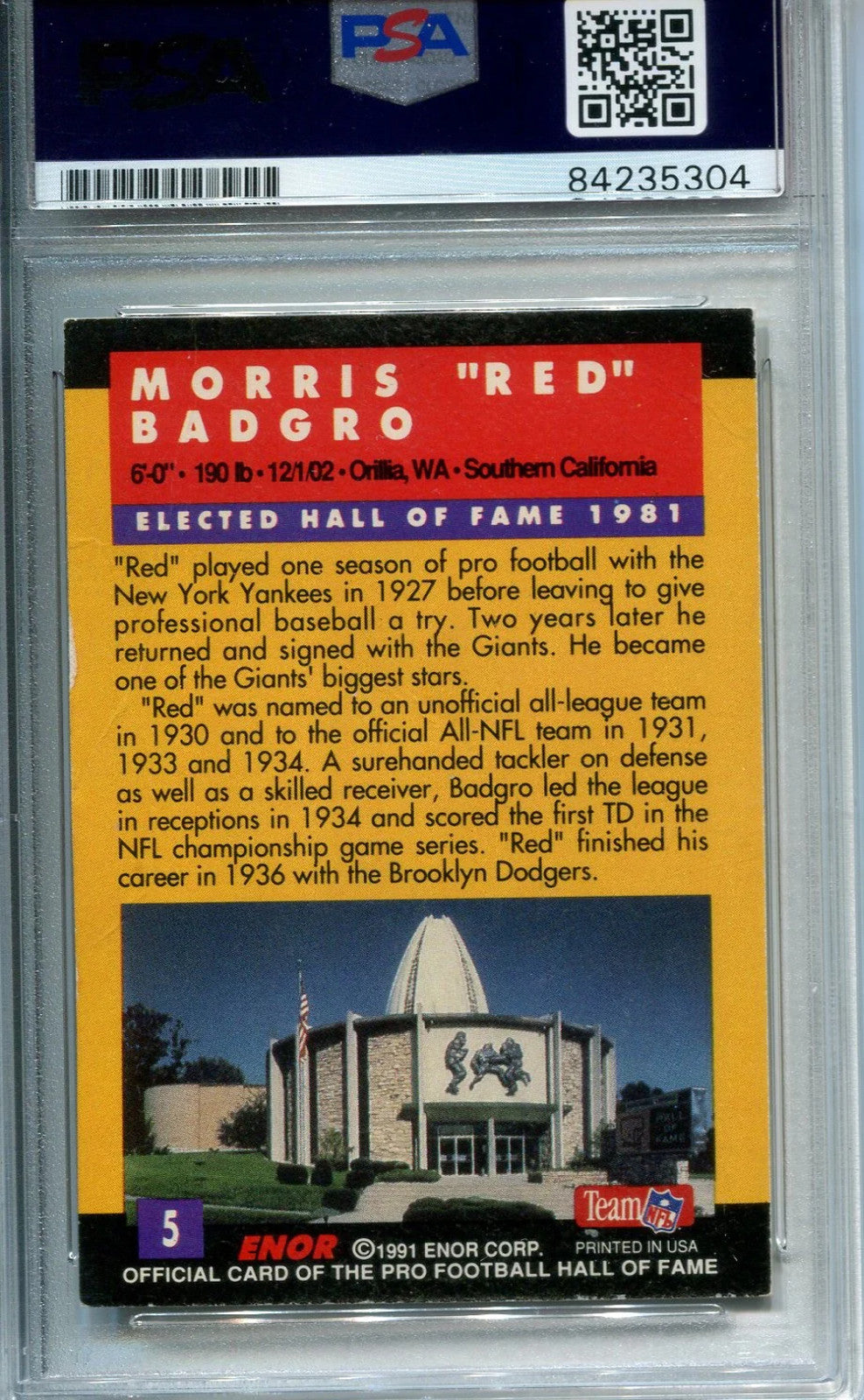 Morris "Red" Badgro 1991 Pro Football Hof Autographed Football Card (Psa)