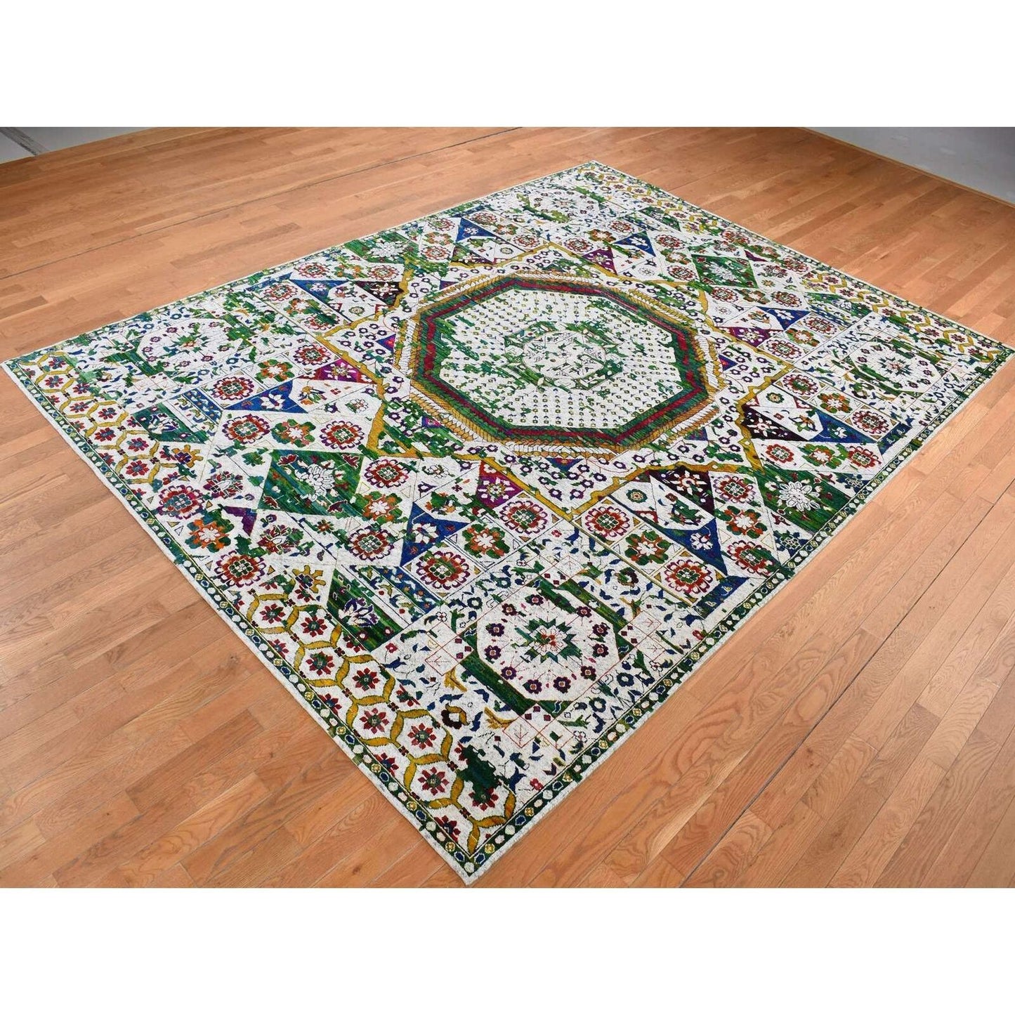 9'X12'1" Ivory Sari Silk Colorful Mamluk Design Hand Knotted Rug