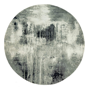 8'X8' Black Hand Knotted Abstract Wool And Silk Round Rug