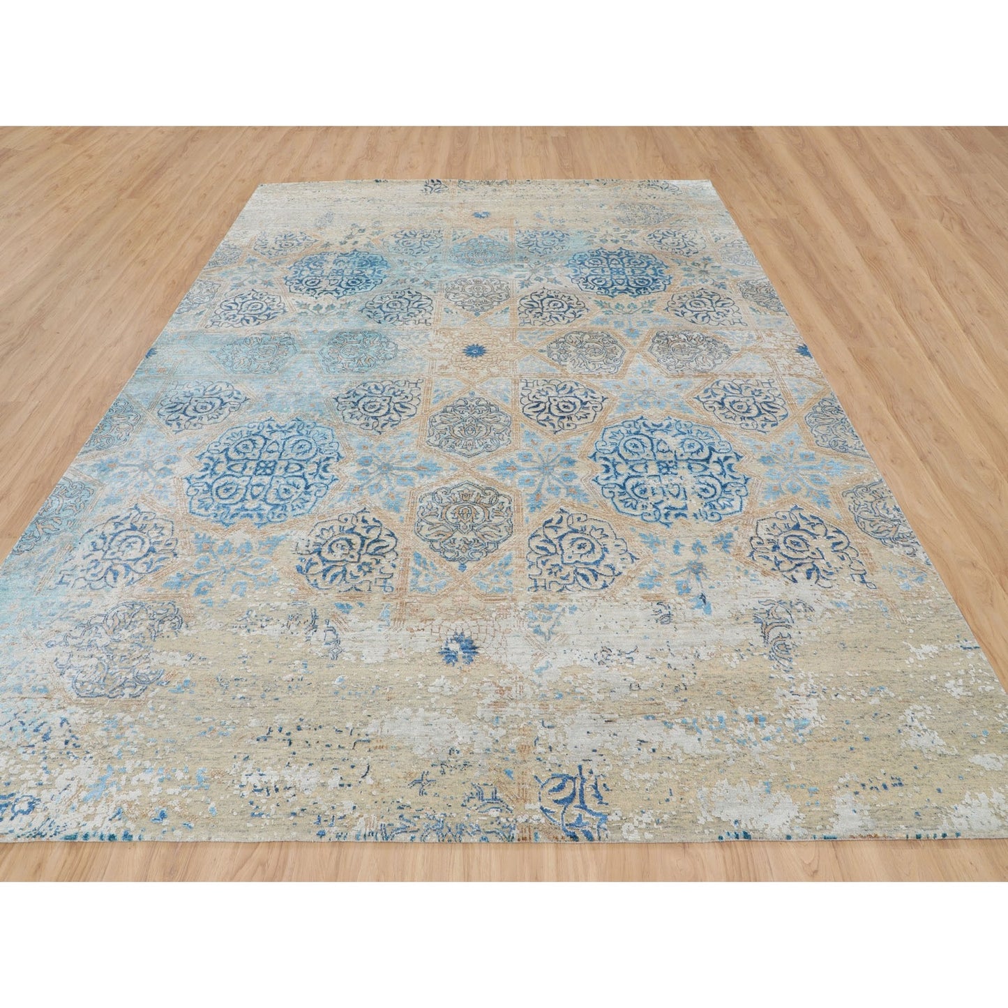 8'10"X12' Gray Snowflake Silk With Textured Wool Oriental Rug