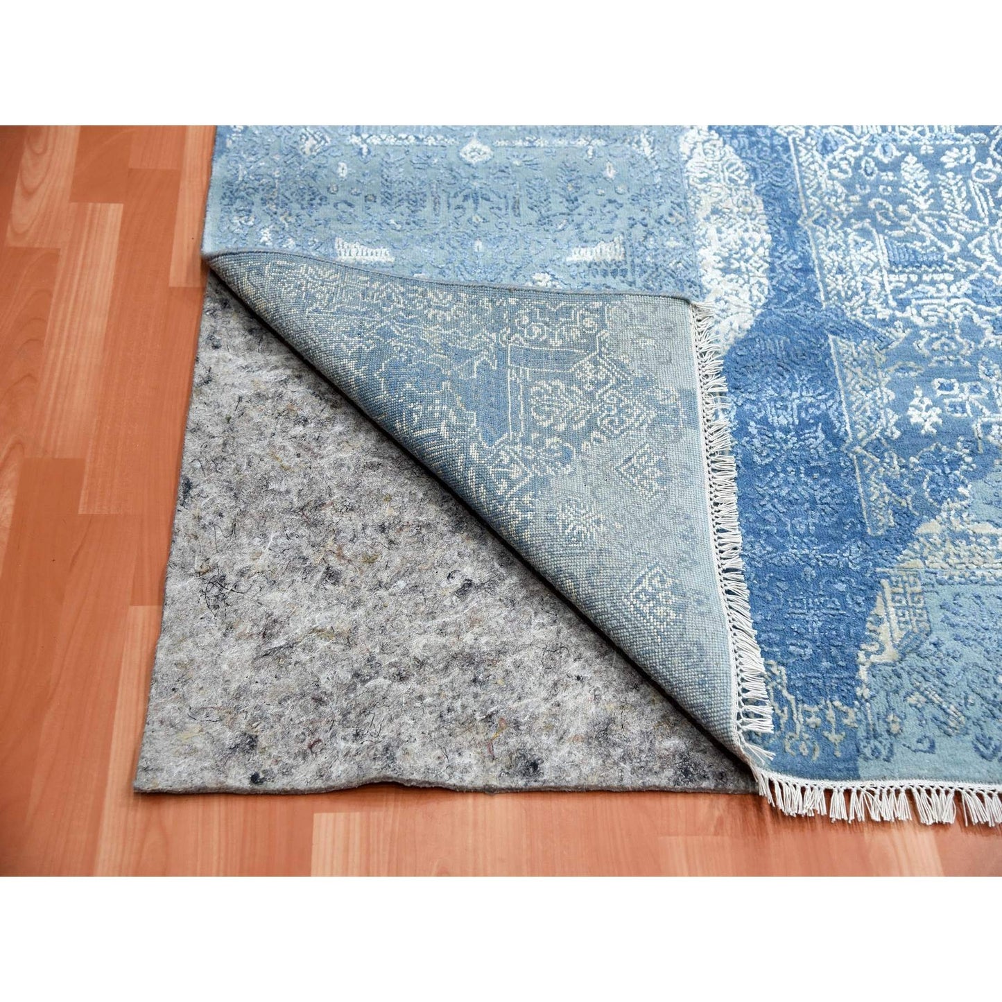 10'2"X10'2" Blue, Hand Knotted Jewellery Design, Wool And Silk Square Rug