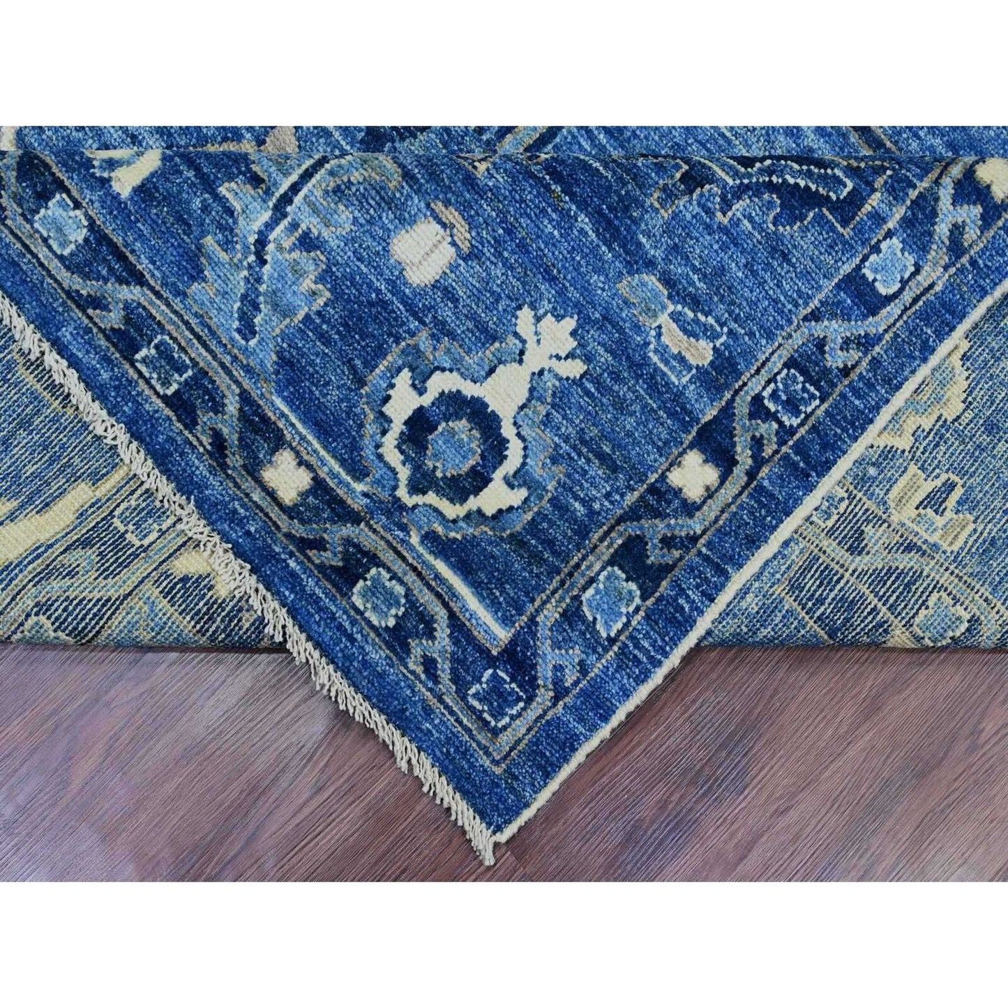 10'1"X13'9" Blue Hand Knotted Afghan Angora Oushak Vines Design Wool Rug