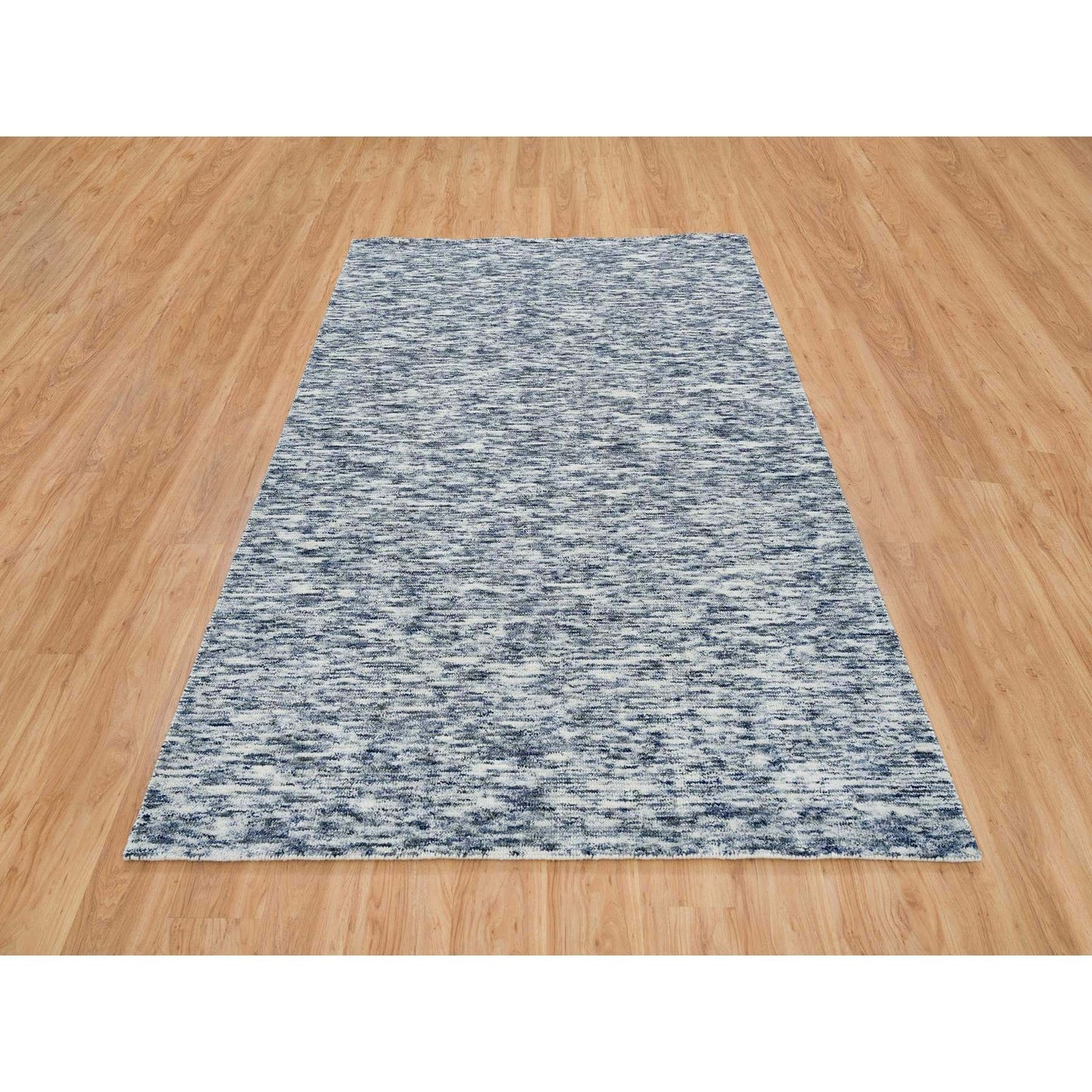6'1"X9'1" Blue Modern Striae Design Pure Wool Hand Loomed Oriental Rug