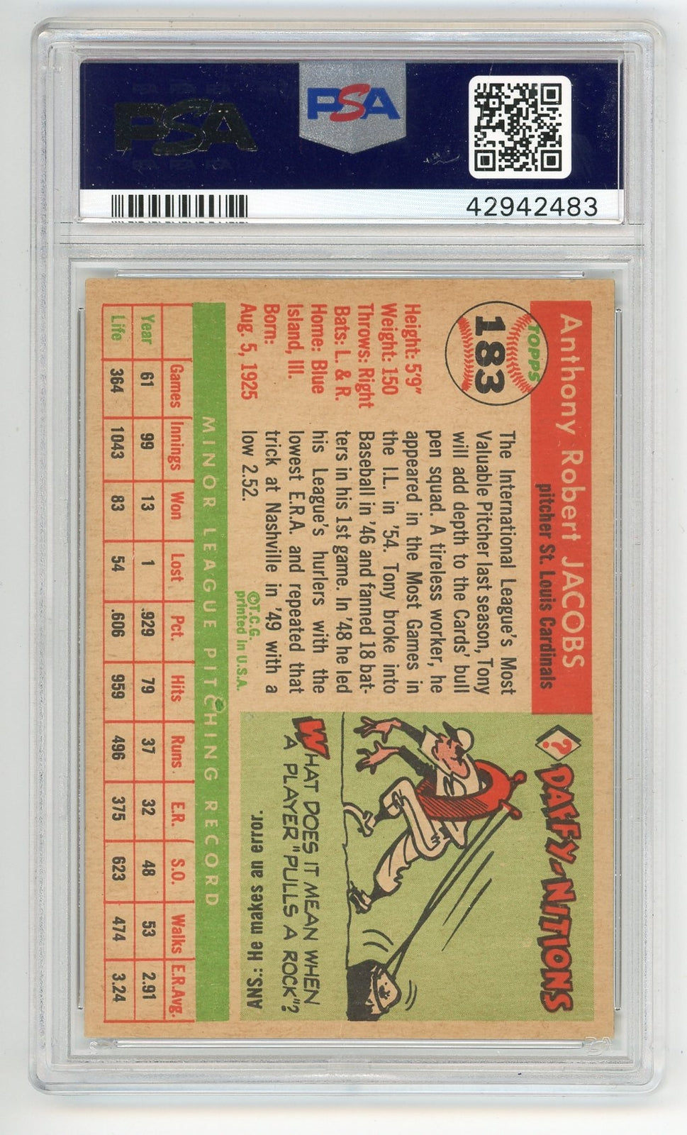 Tony Jacobs 1955 Topps #18 Psa 5