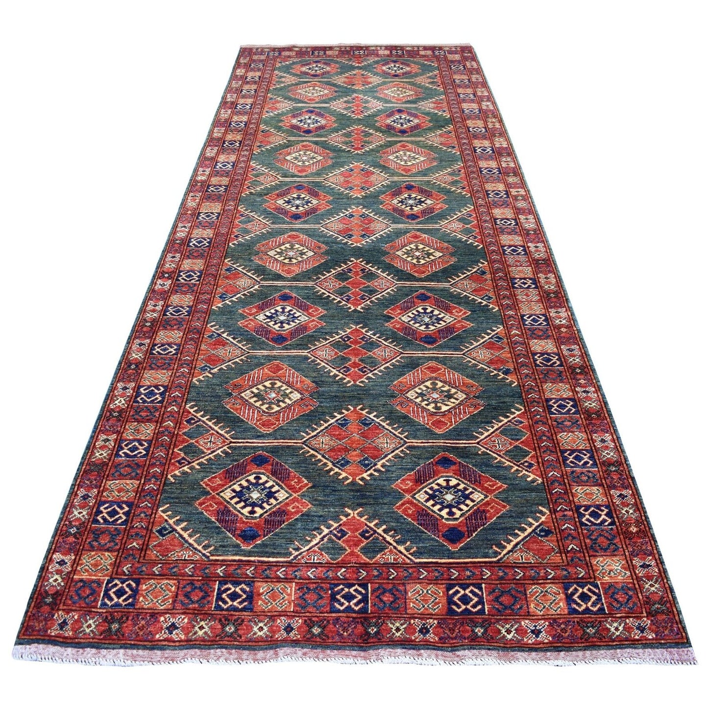 4'10"X12'9" Teal Afghan Ersari Geometric Design Hand Knotted Wool Rug