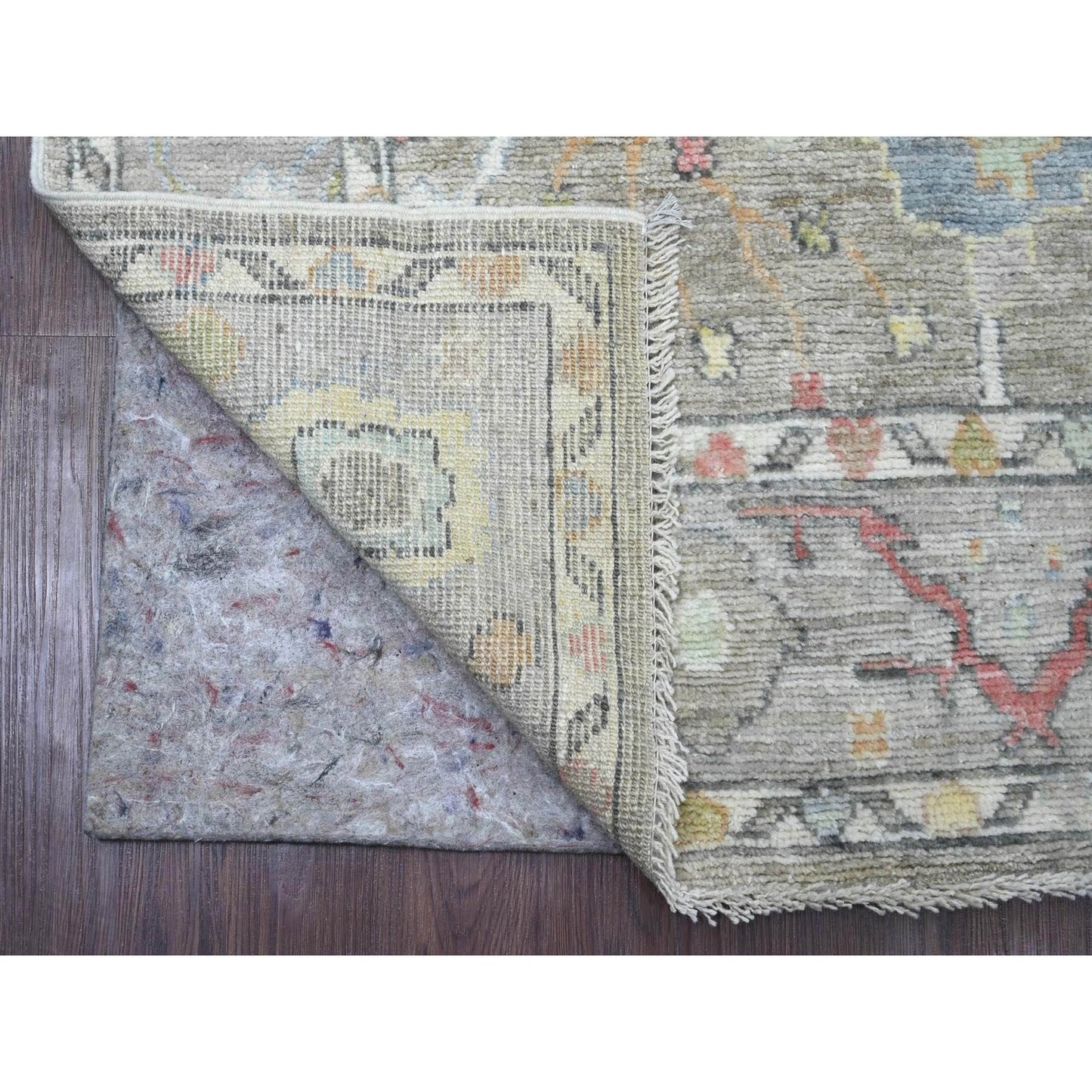 3'9"X12'1" Gray Hand Knotted Angora Oushak Leaf Design Wool Runner Rug