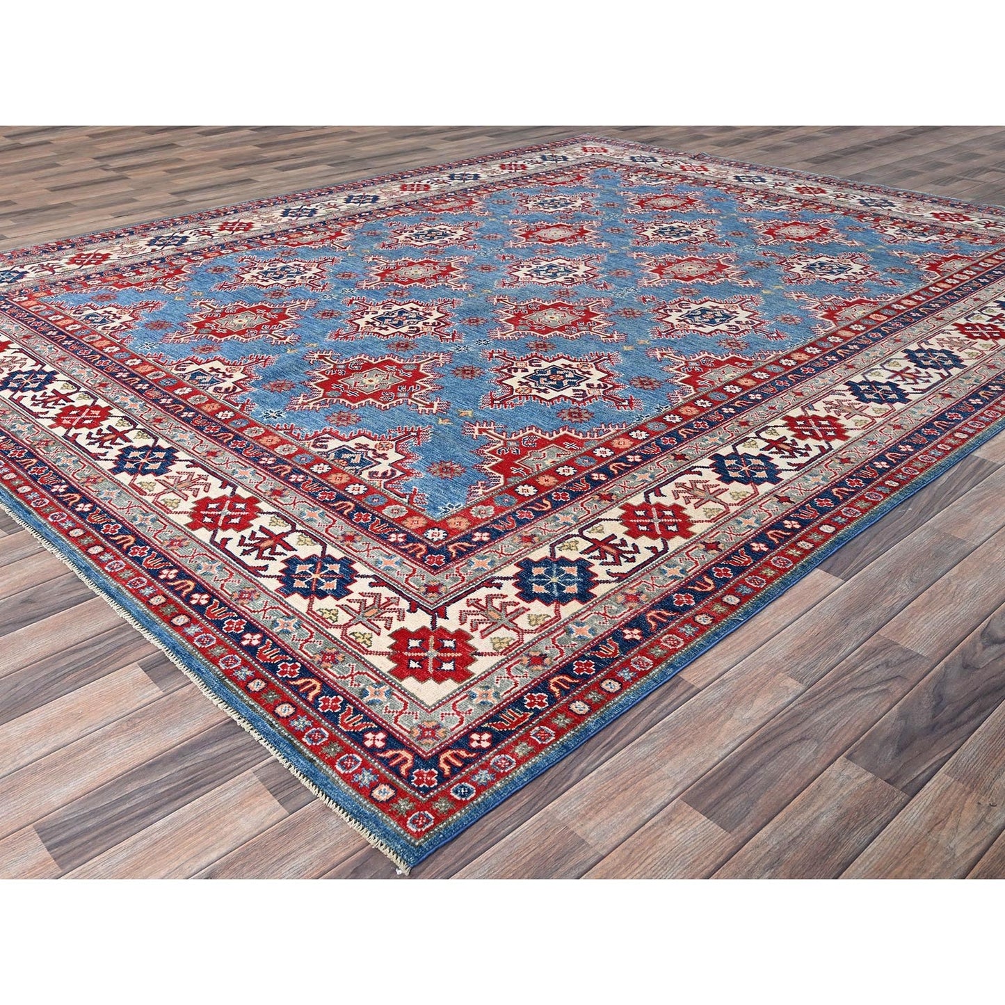 9'2"X11'9" Blue Hand Knotted Geometric Medallions Pure Wool Oriental Rug