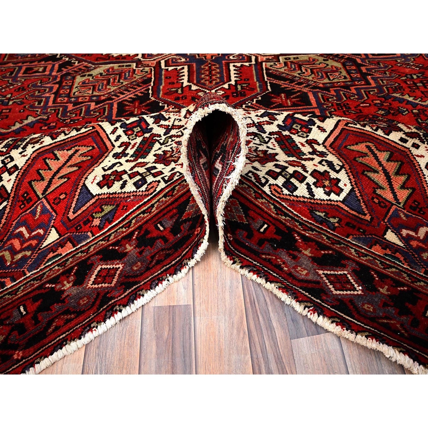 6'7"X9'3" Vivid Auburn Red Hand Knotted Vintage Wool Heris Oriental Rug