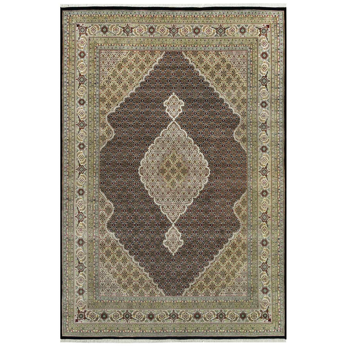 9'8"X14'2" Smoky Black Hand Knotted Wool Tebraz Mahi Fish Medallion Rug