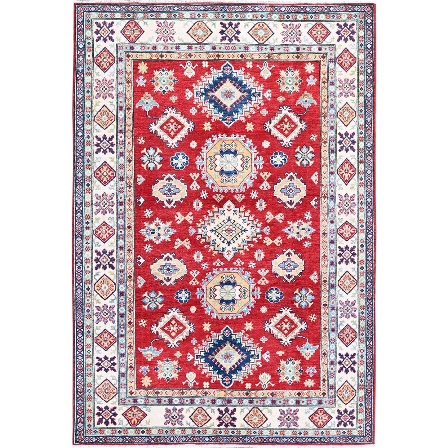 5'10"X8'8" Red Kazak With Geometric Medallions Design Wool Hand Knotted Rug