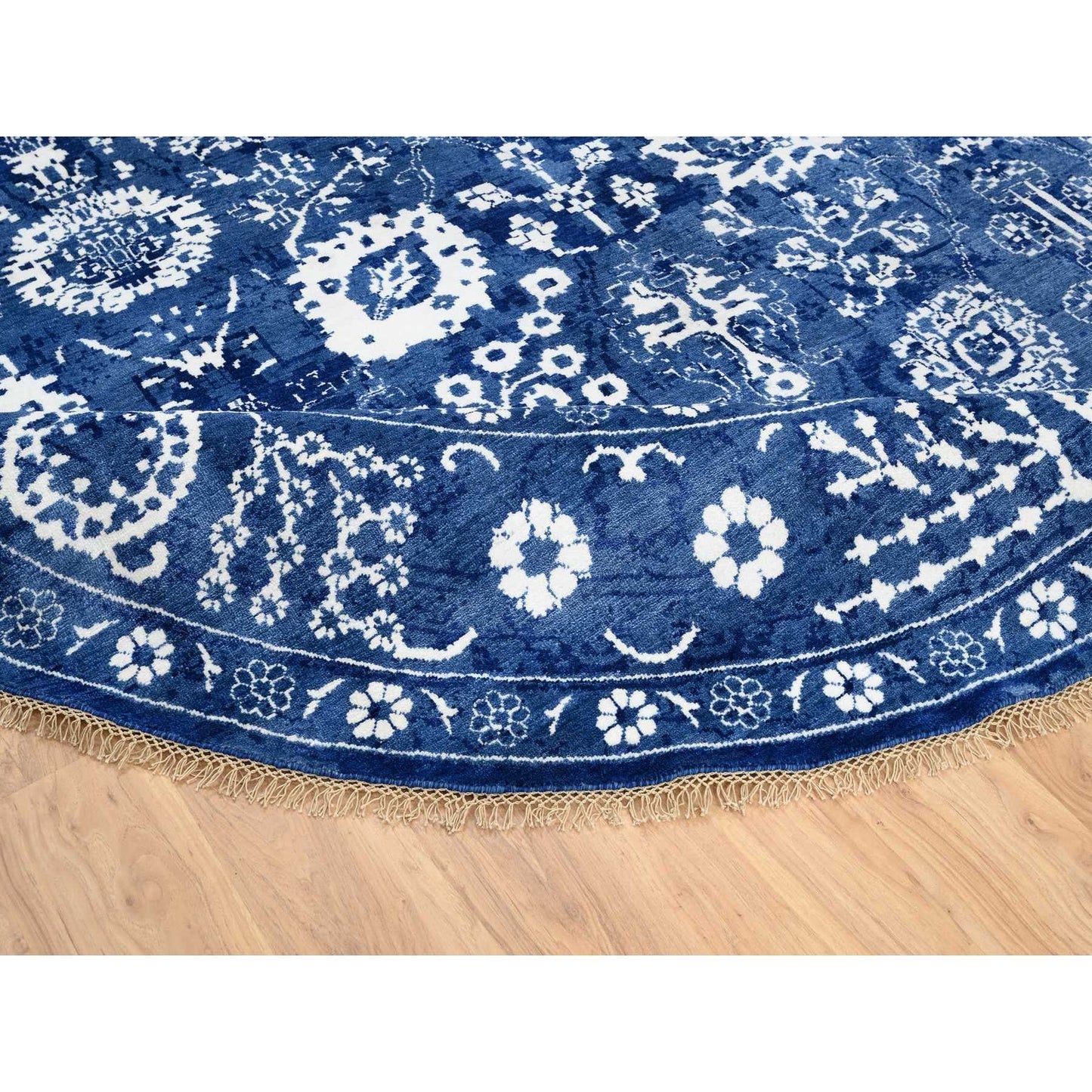 10'2"X10'2" Denim Blue Tebraz Wool And Silk Hand Knotted Round Rug