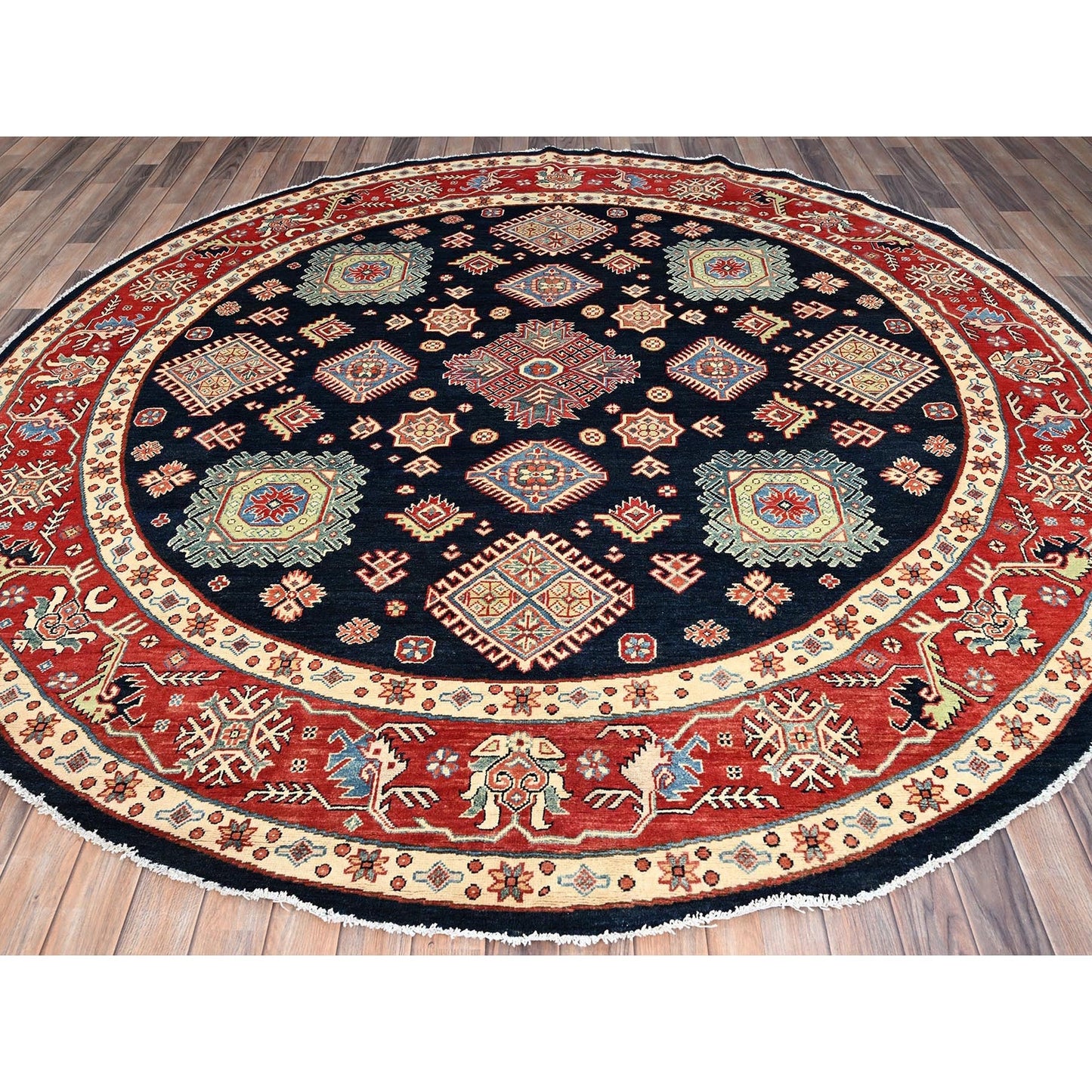 9'X9' Blue Special Kazak Geometric Wool Hand Knotted Round Oriental Rug