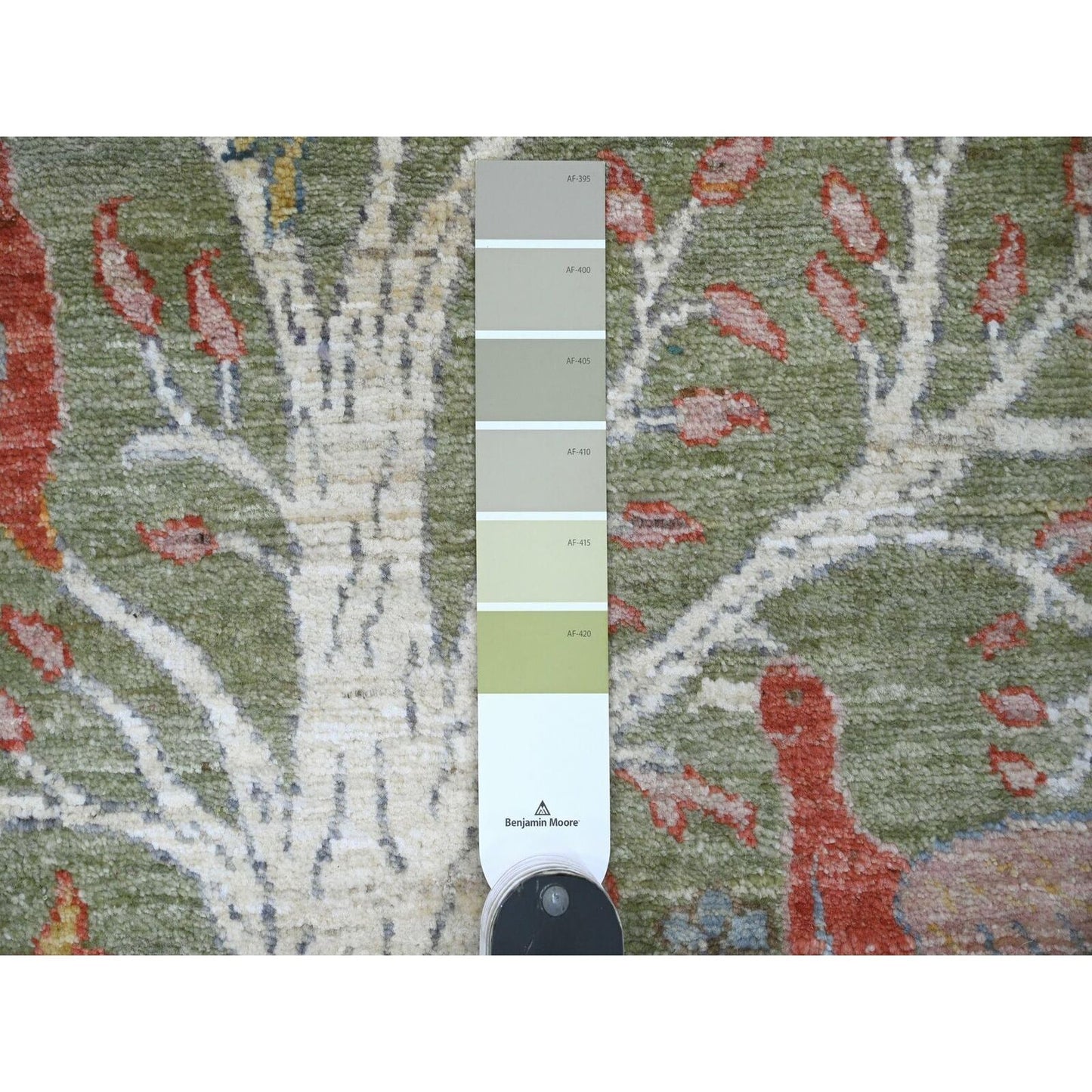 2'7"X15'1" Green Soft Wool Peshawar Birds Design Hand Knotted Runner Rug
