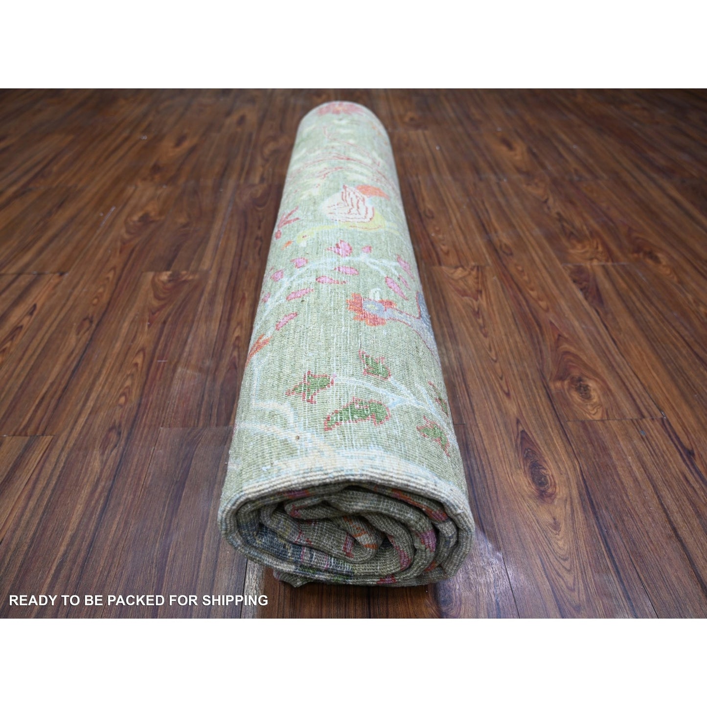 8'X8' Green Birds Of Paradise Hand Knotted Wool Peshawar Square Rug
