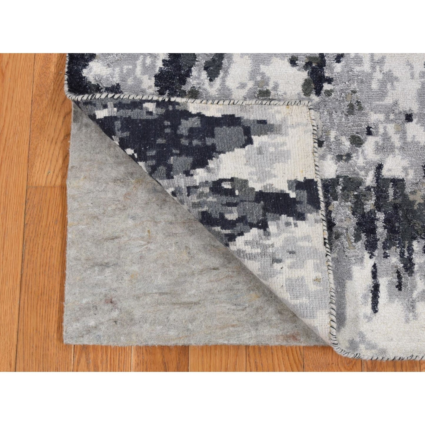 2'7"X6'2" Black Abstract Design Wool And Silk Hand Knotted Runner Rug