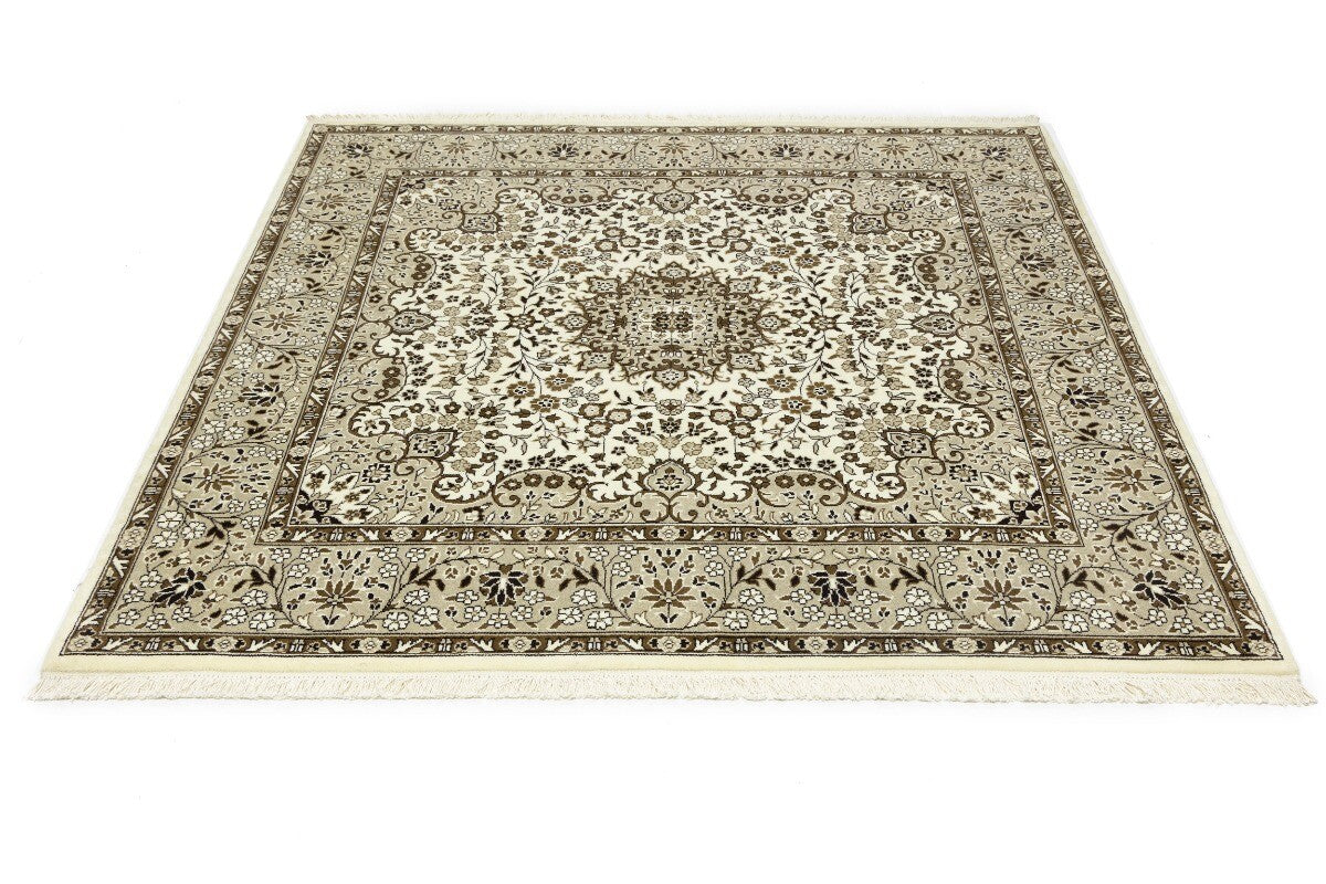 Hand-Knotted Kirman Square Rug Cream Floral Wool