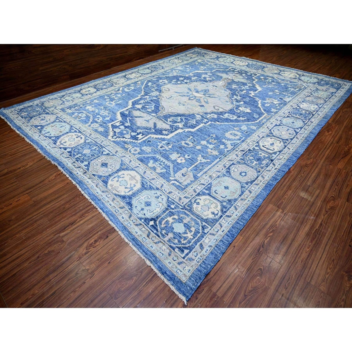11'10"X15'1" Steel Blue Anatolian Village Inspired Wool Hand Knotted Rug
