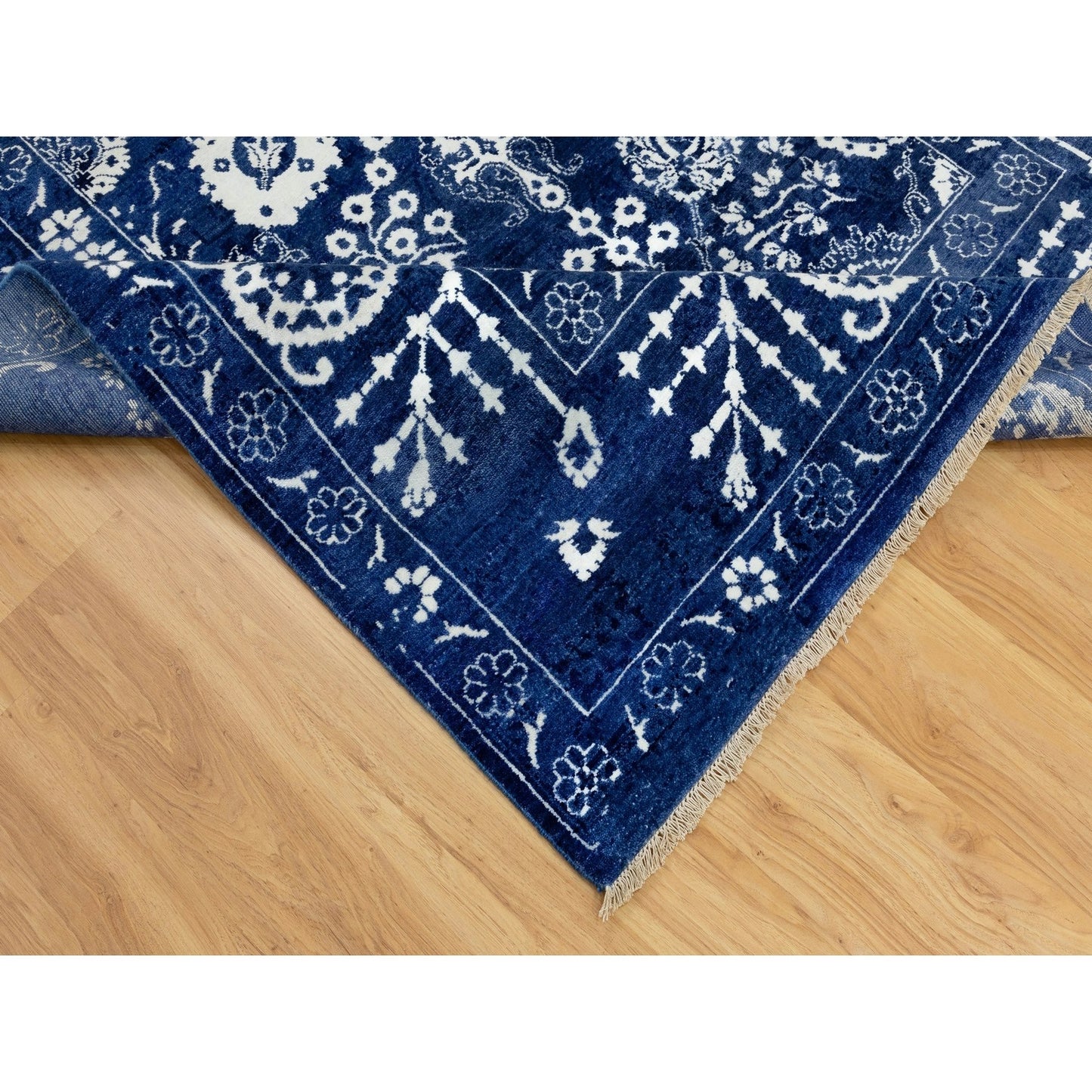 6'2"X9' Blue Hand Knotted Tone On Tone Wool And Silk Oriental Rug