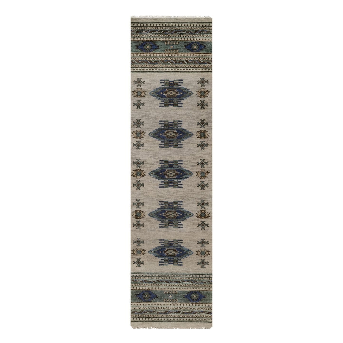 2'7"X9'10" Light Gray Southwest Design Hand Knotted Pure Wool Runner Rug