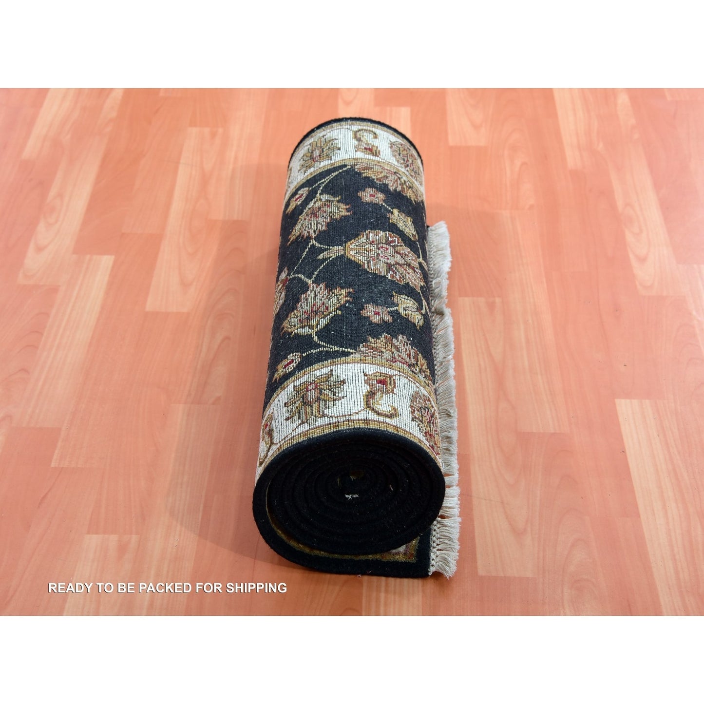 2'6"X10' Tricorn Black Wool Silk Hand Knotted Rajasthan Design Runner Rug