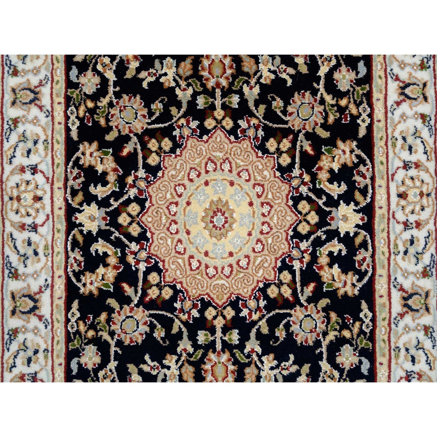 2'7"X16'4" Midnight Blue Hand Knotted Nain 250 Kpsi Wool-Silk Runner Rug