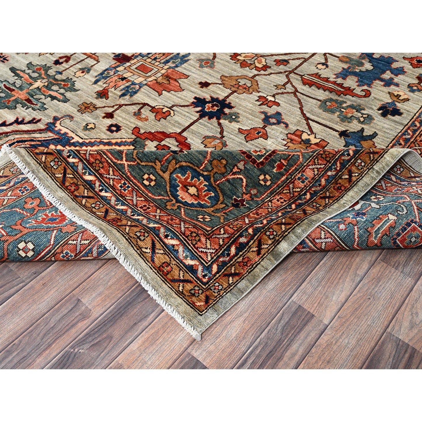 10'4"X14' Light Green Heris All Over Design Hand Knotted Soft Wool Rug