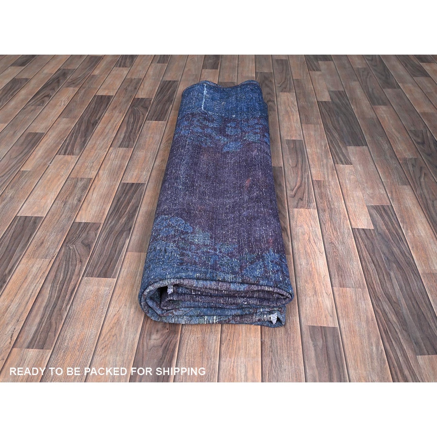 8'3"X10'9" Blue Overdyed Worn Soft Wool Hand Knotted Rug