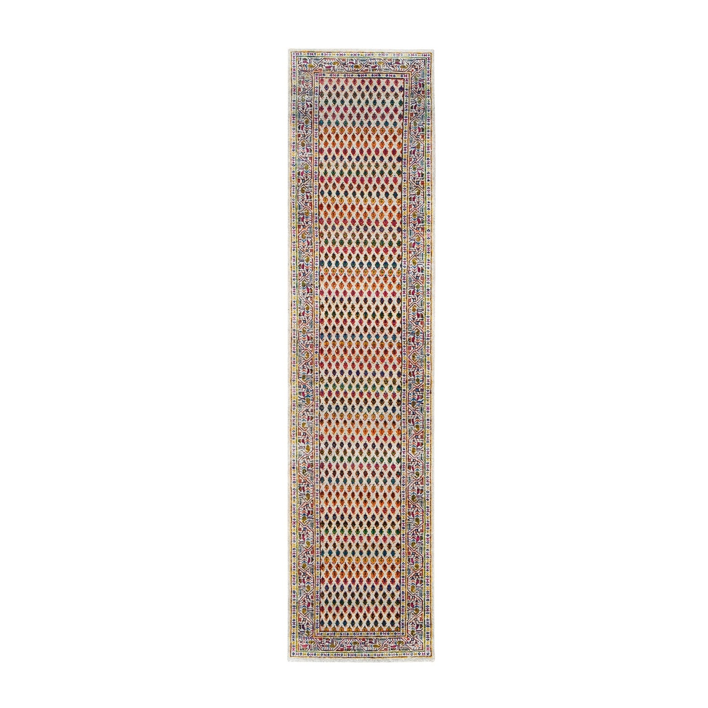 2'4"X10'2" Colorful Wool And Sari Silk Saroogh Hand Knotted Rug