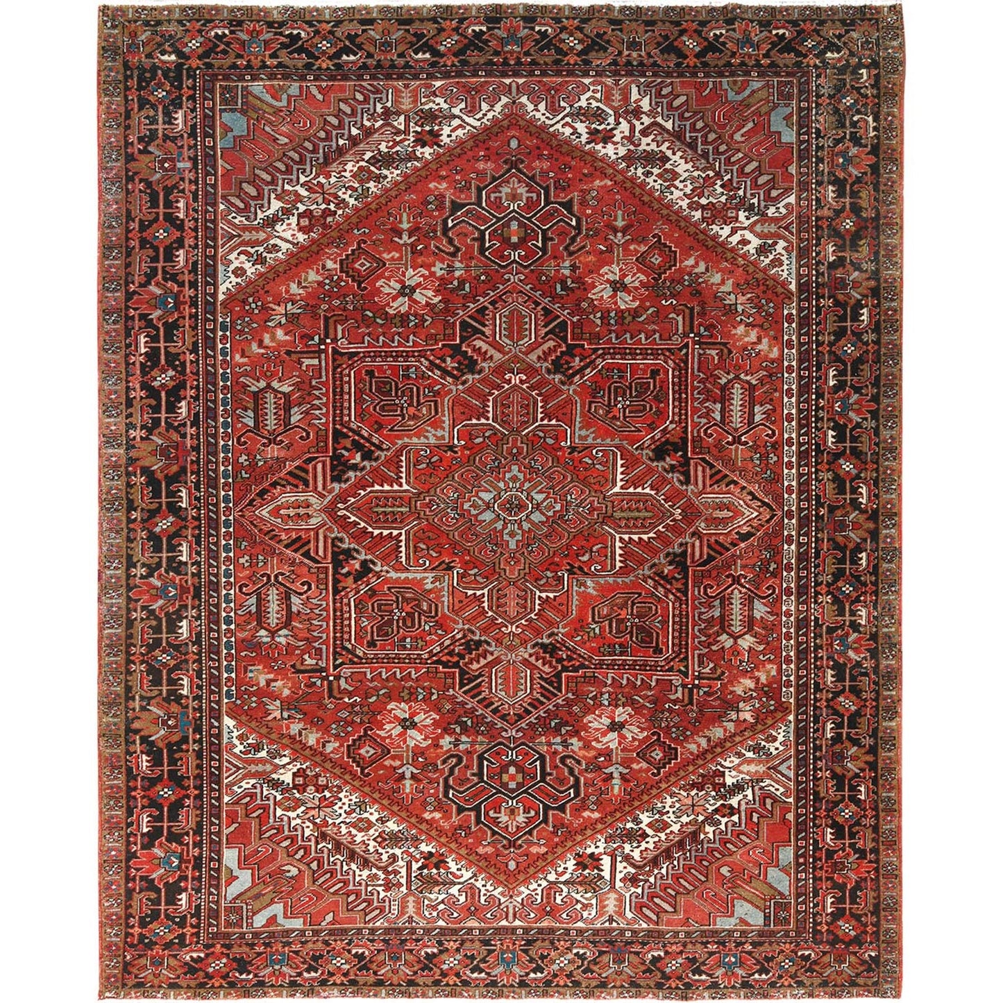 9'9"X12'4" Tomato Red Vintage Zoroastrian Heris Worn Wool Hand Knotted