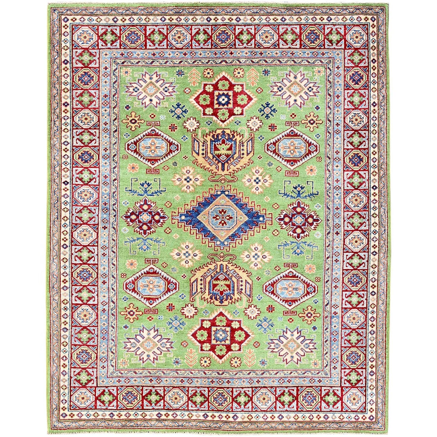 5'4"X6'8" Green Kazak Geometric Medallions Design Hand Knotted Wool Rug