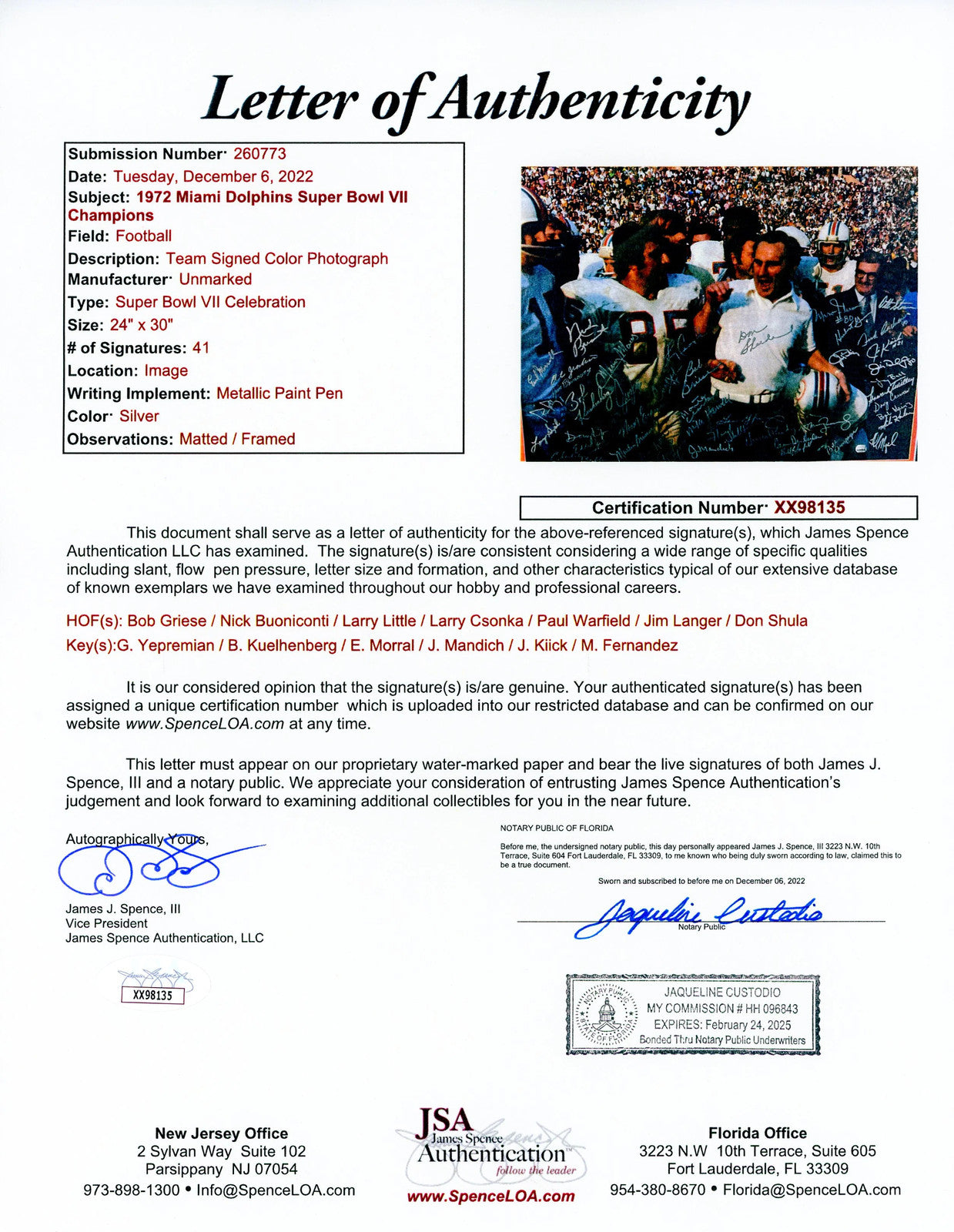 1972 Dolphins Autographed Framed Canvas (Jsa)